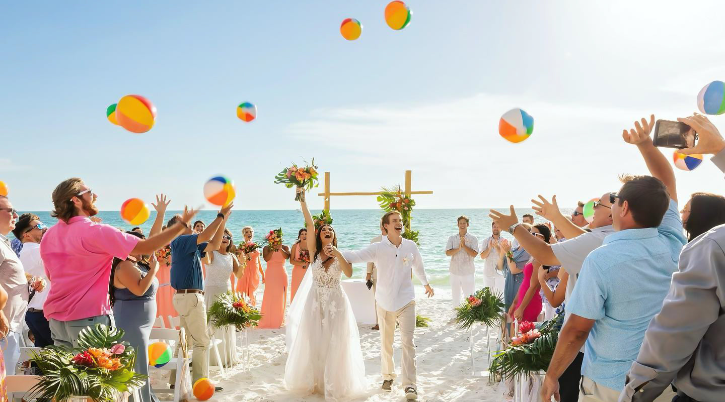 Beach Wedding images showing flowers, arch, and couple celebrating
