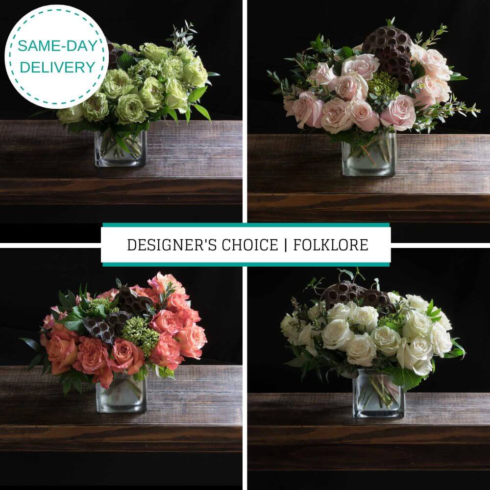 Designer's choice floral arrangement made with just roses - white, pink, blush, yellow, orange roses