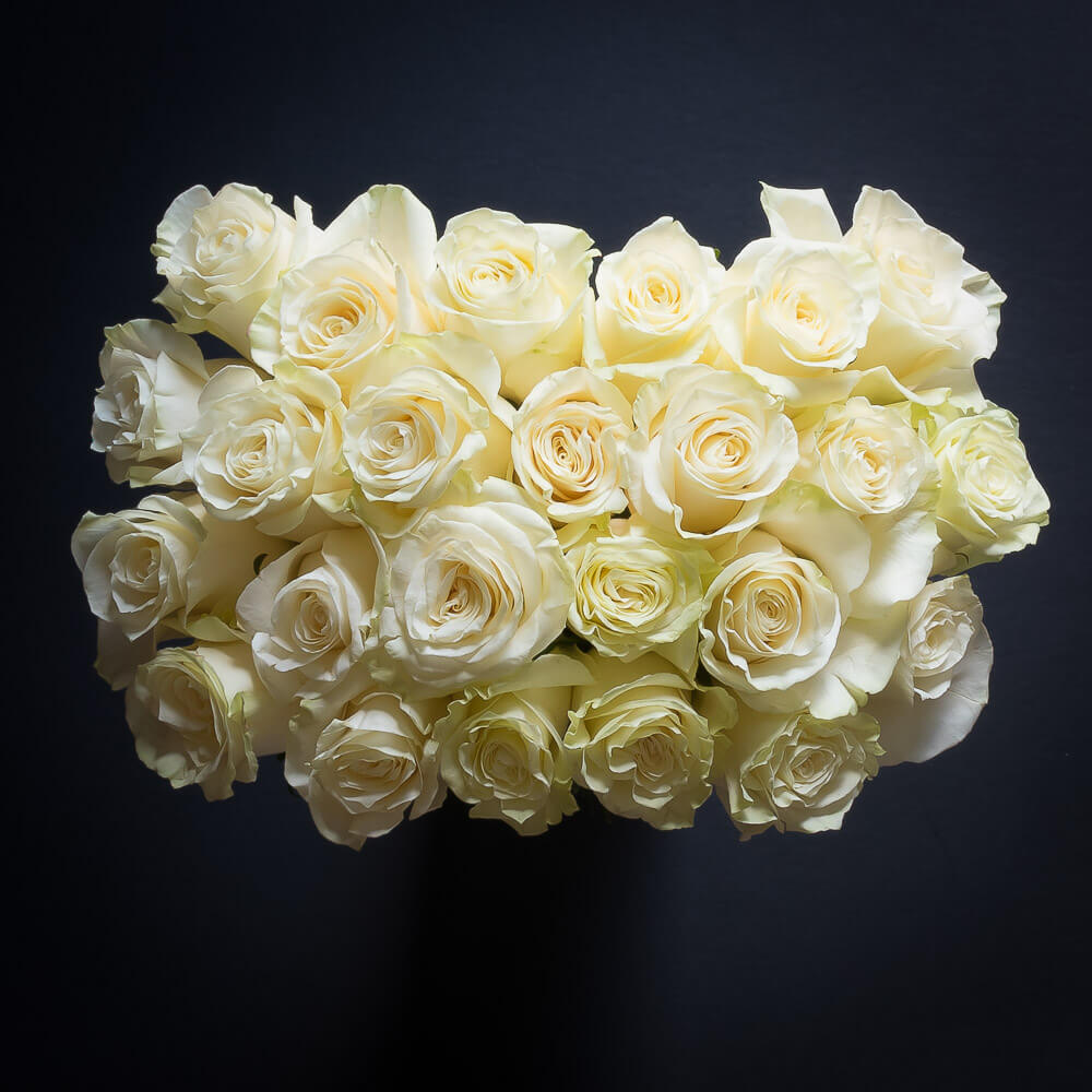 Long stem white roses floral arrangement picture from the top