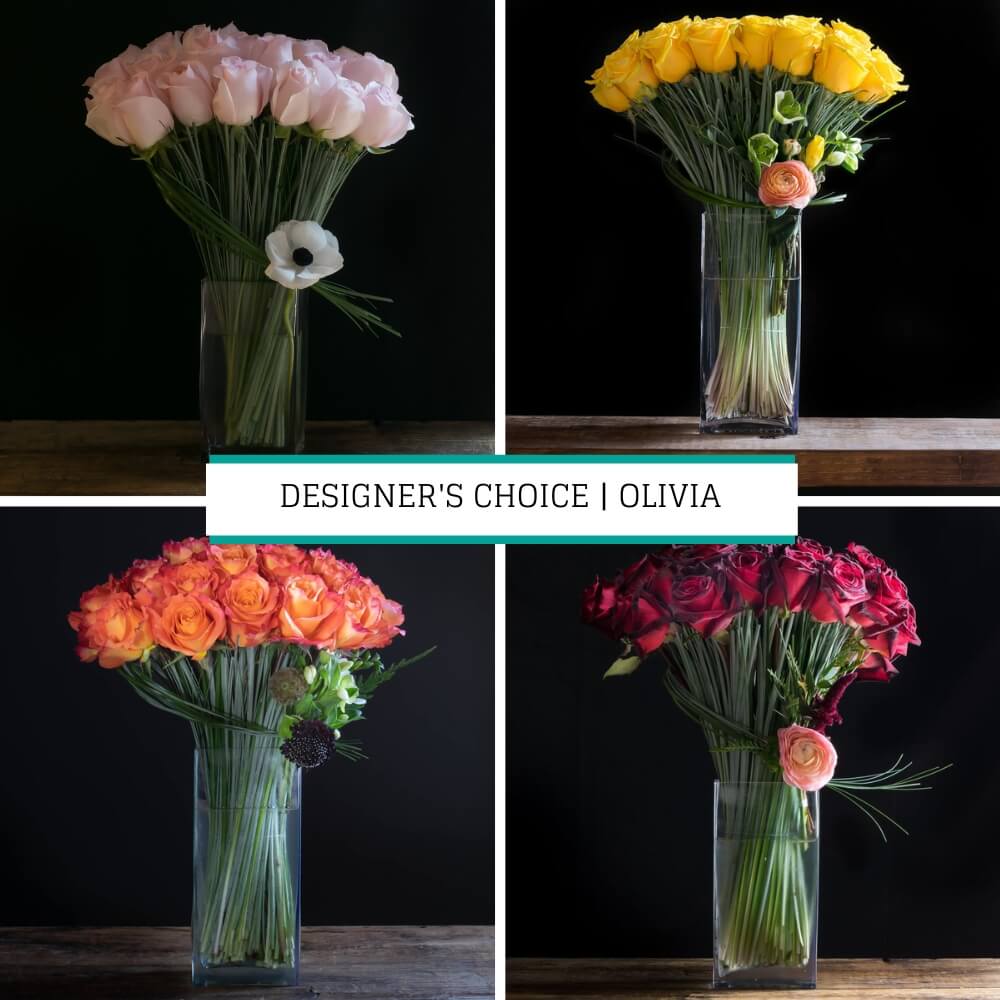 Olivia Designer's choice picture of long stem roses floral arrangement showing four different colors: yellow, red, pink, orange