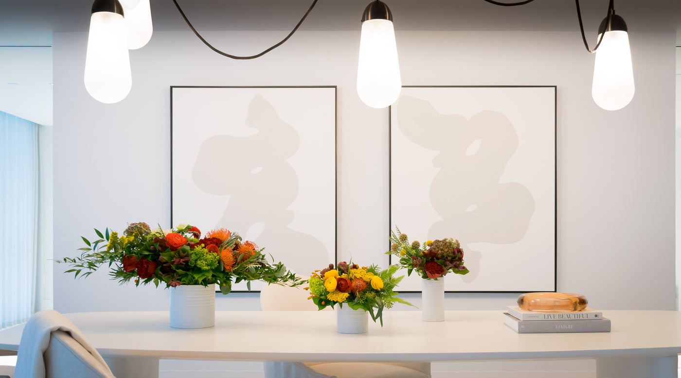 Floral home decor - living room showing boutique luxe colorful floral arrangements