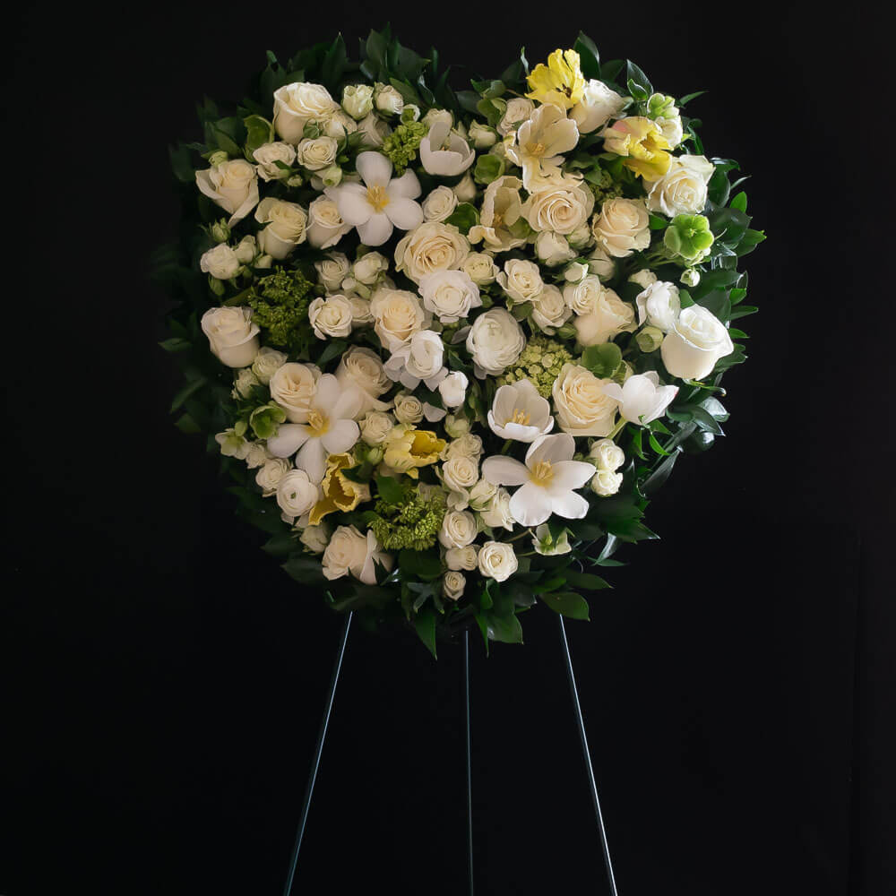 Funeral | Sympathy Flowers - Filled heart of light yellow tulips, white roses, light cream garden roses, and mini green hydrangeas.