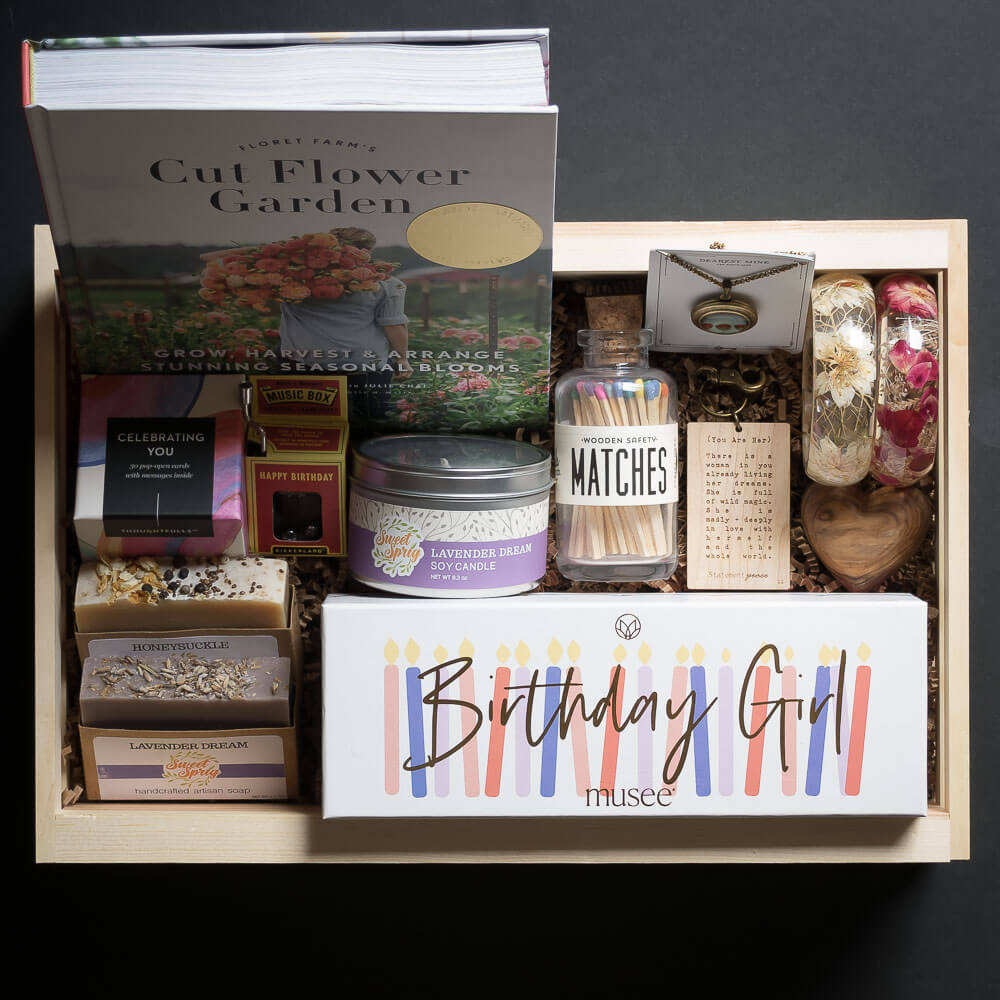 Jardin wooden gift box with candle, soap, bangles, book, and pop open thoughtful cards   
