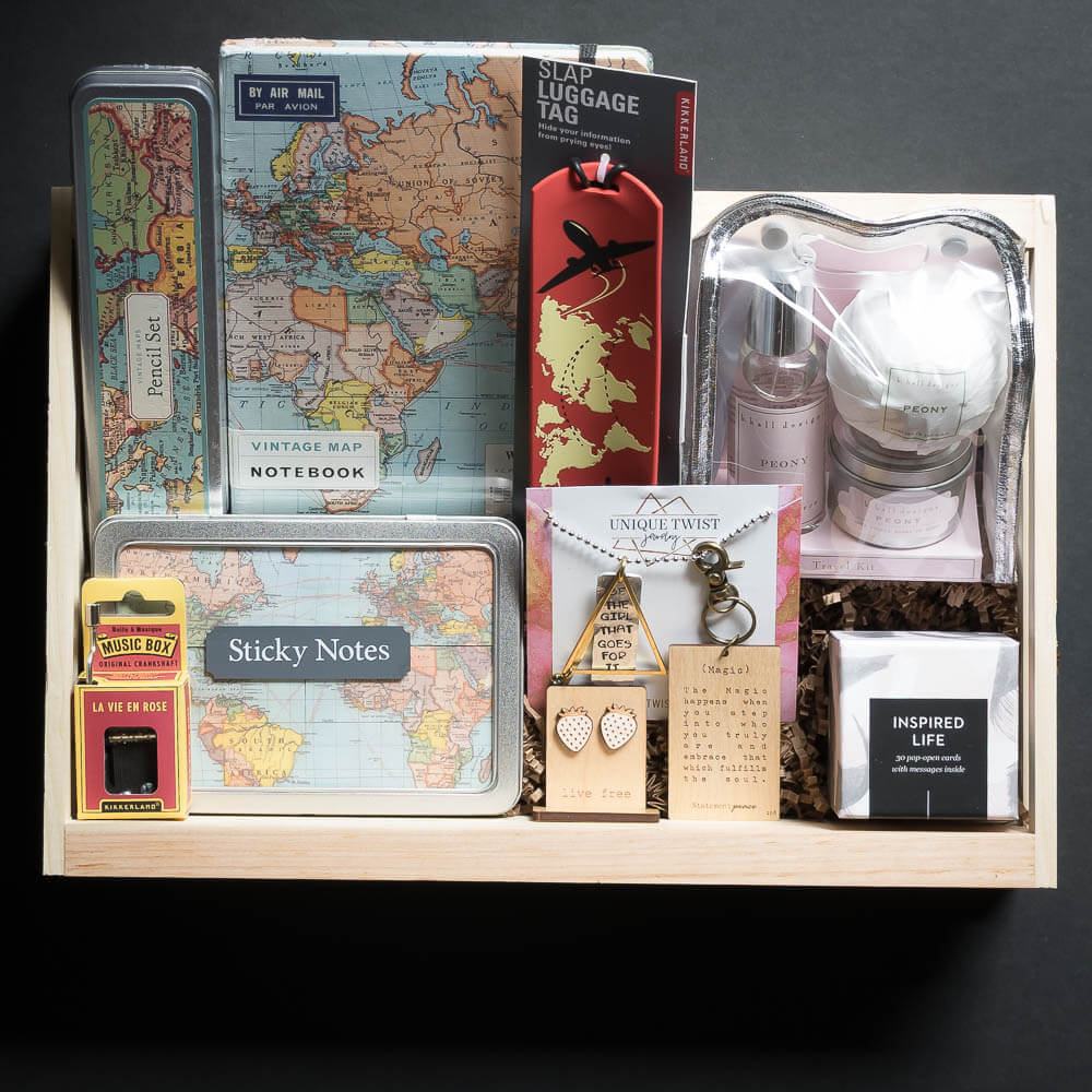 Travel Jardin Gift Box with map notebook, map sticky notes, candles, bath bomb, music box 