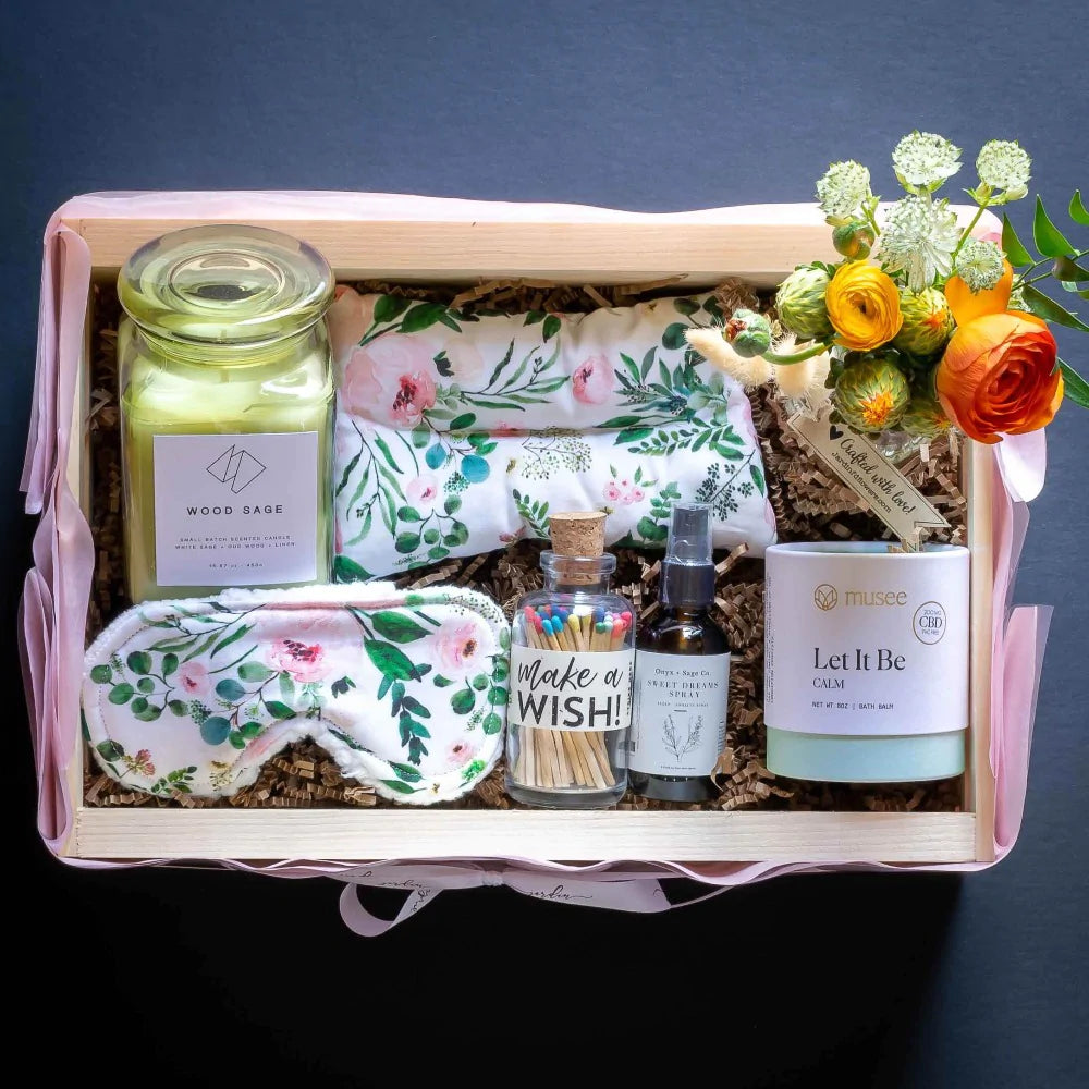 Jardin Gift Box with candles, bath bomb, sleeping mask, and apothecary matches