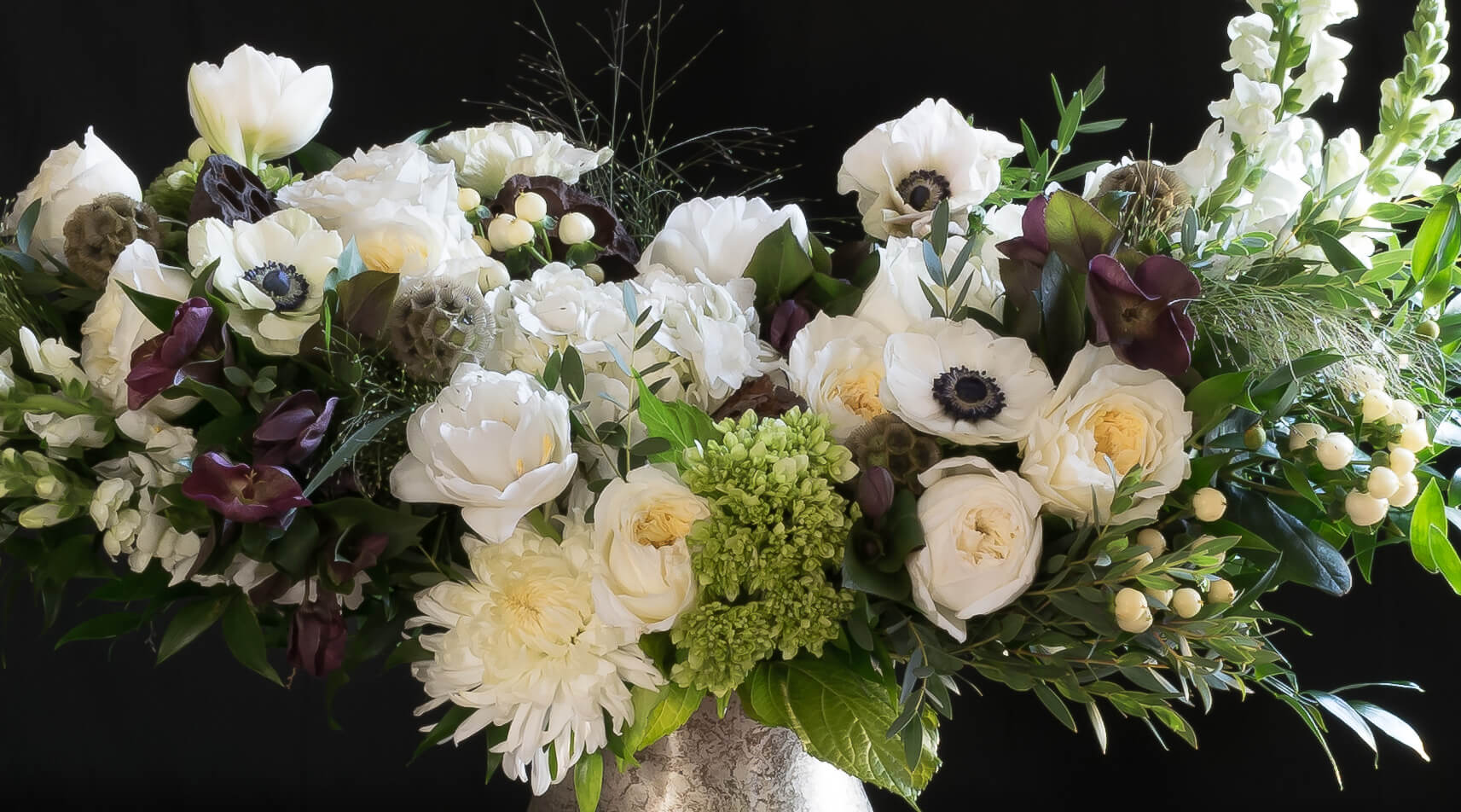 Holiday, Christmas, Jardin Floral luxury boutique floral arrangement using the best premium flowers - white roses, white anemonies and tulips.