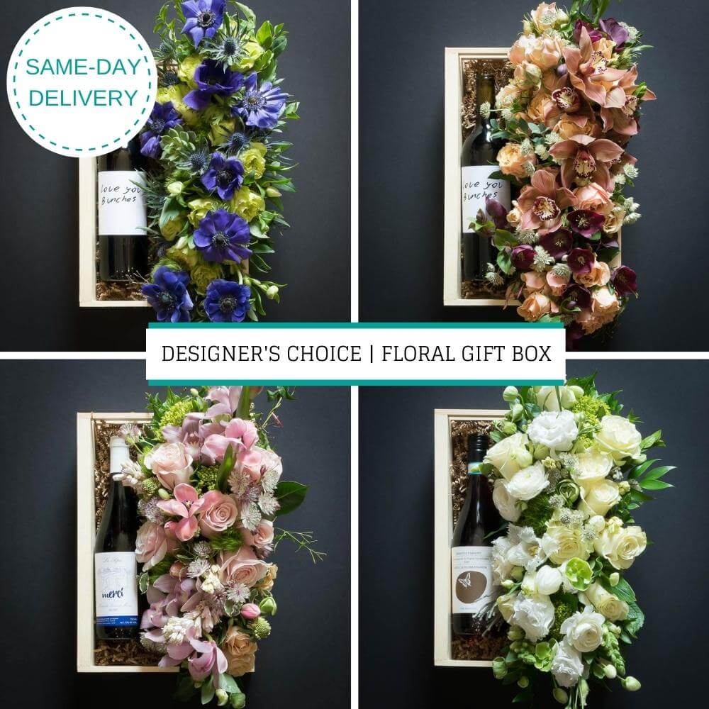 Designer's Choice floral gift box showing four boxes with different flower colors: white, peach, pink, and blue flowers