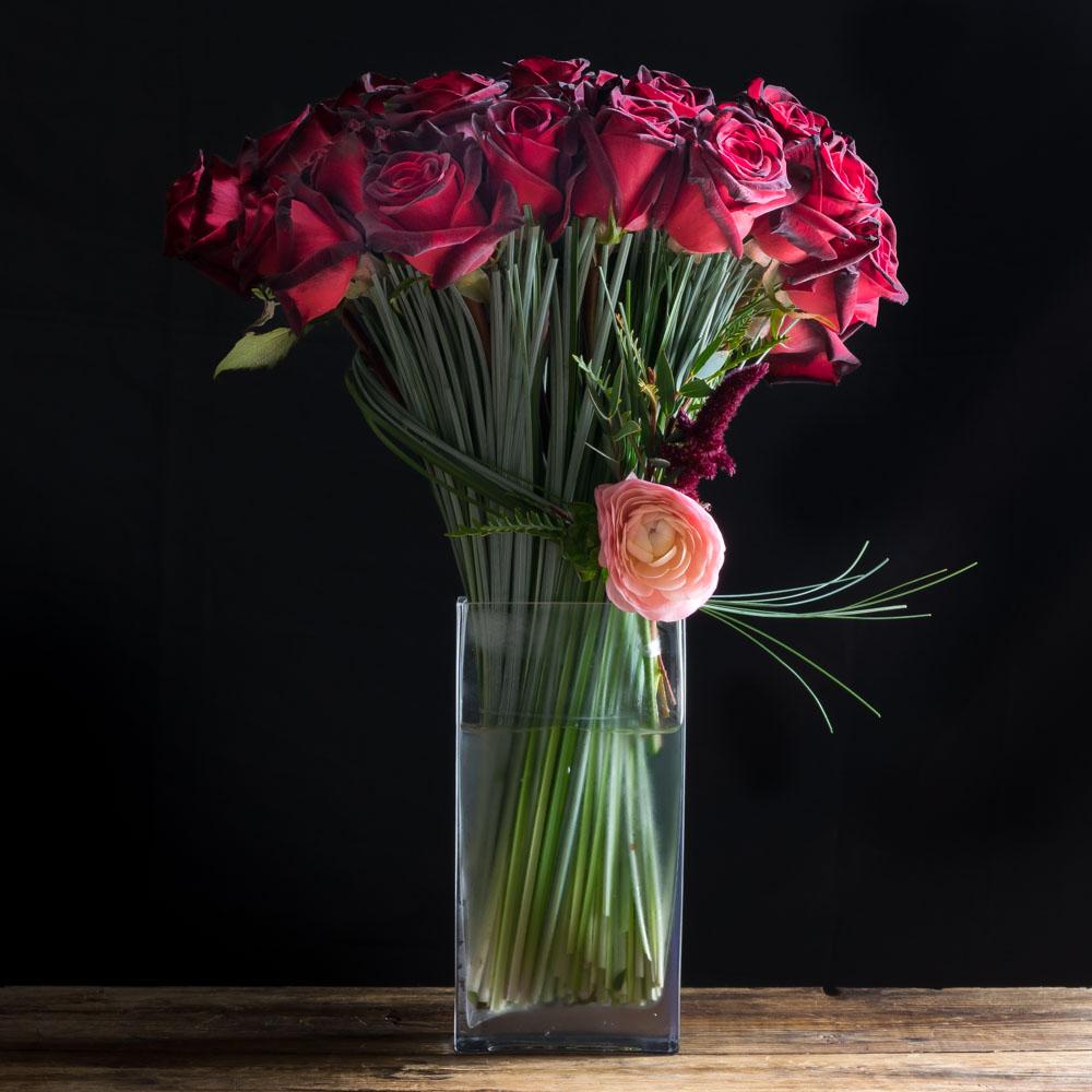 Dark red roses long stem boutique floral arrangement