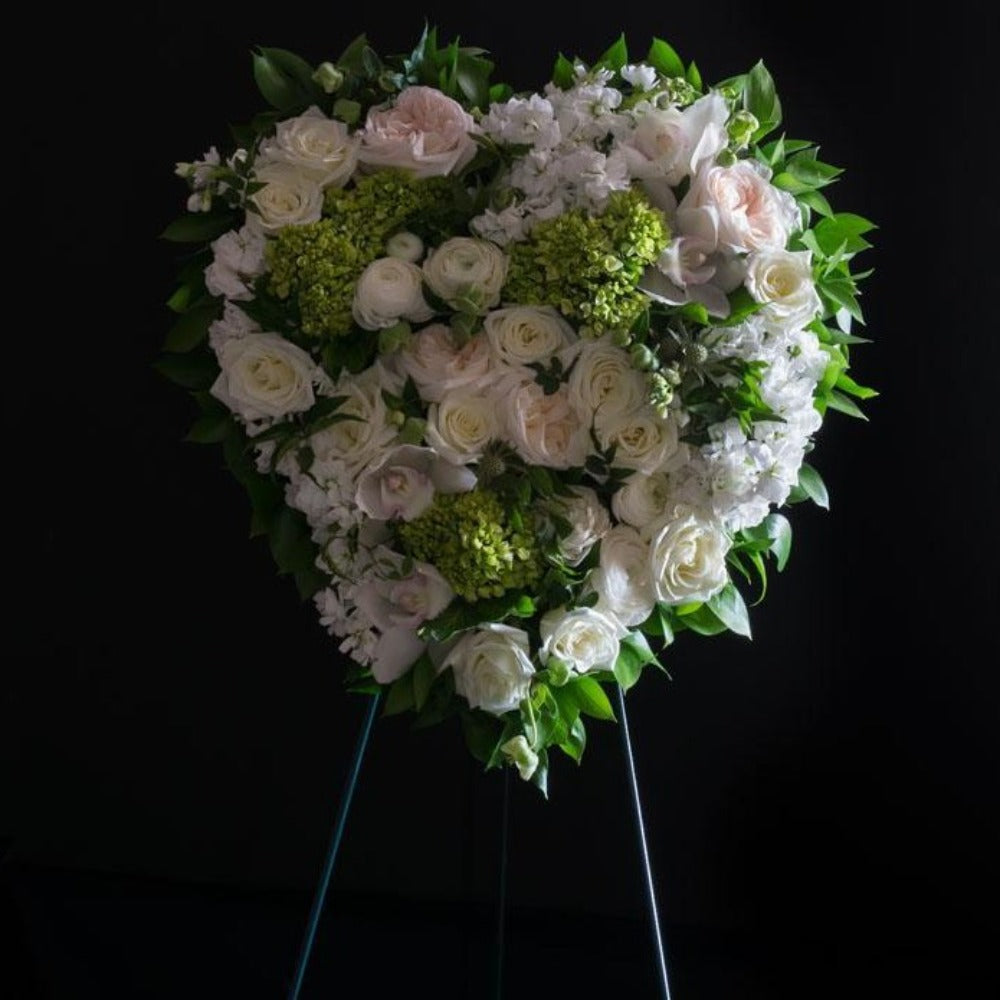 Funeral | Sympathy Flowers - Filled Heart of white roses, light cream garden roses, and mini green hydrangeas.