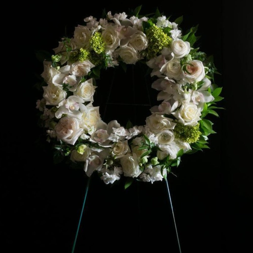 Funeral | Sympathy Flowers - Full Circle Wreath with white roses, garden roses, mini green hydrangeas.