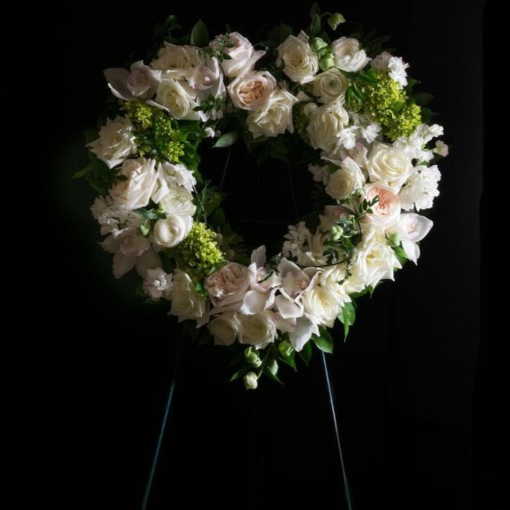 Funeral | Sympathy Flowers - Open Heart with white roses, garden roses, and mini green hydrangeas