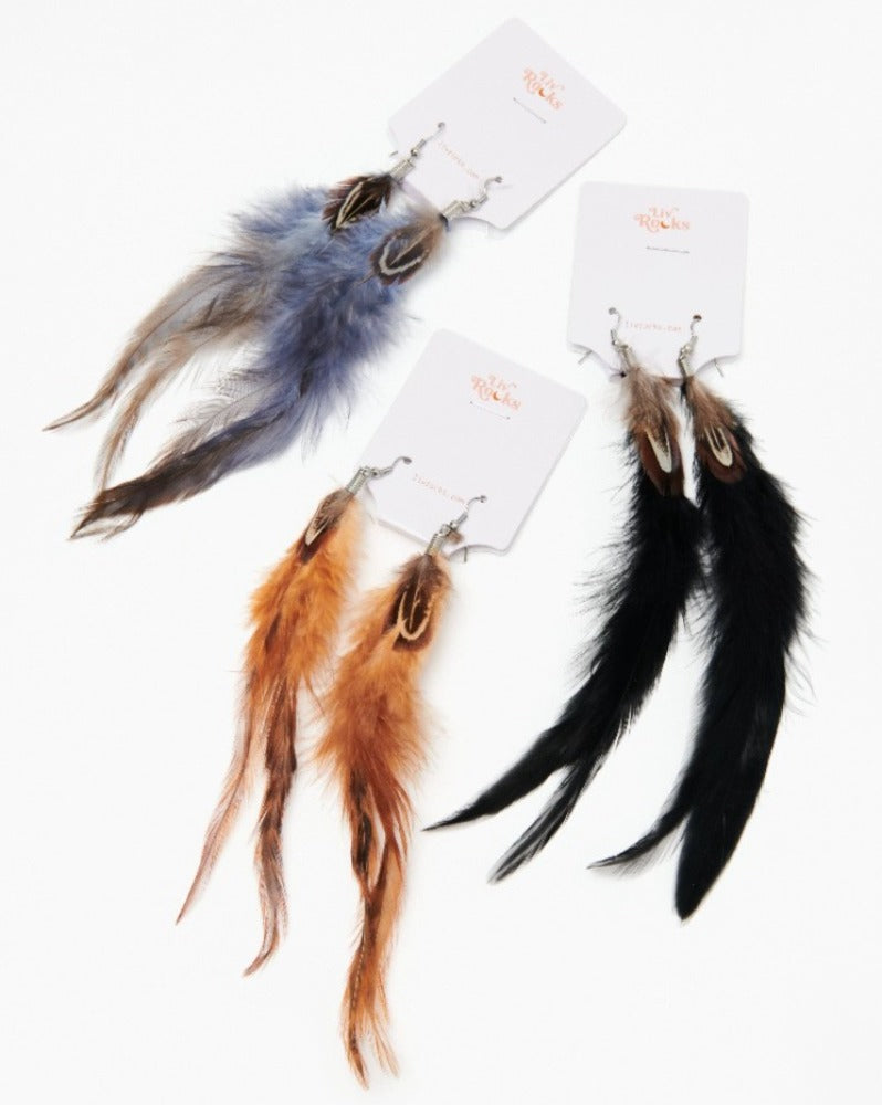 Set of 3 feather duster earrings - light blue, light brown, black